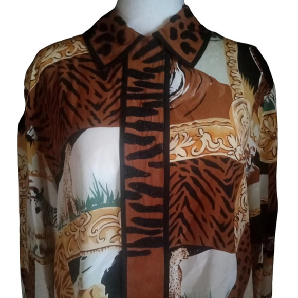 I.B. Diffusion Baroque Style Beaded Collar Button Front Silk Safari Blouse Sz 12 - Picture 2 of 9